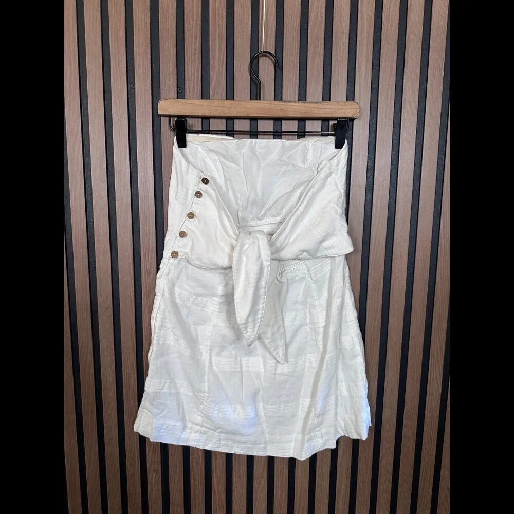Free People Skirt Medium Womens White Linen Cotton Back Tie Tiered Midi A Line - Picture 2 of 6